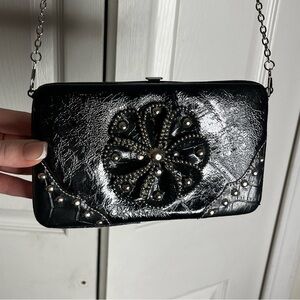 Vintage Black Embellished Wallet-on-Chain Purse with Studded Floral Design